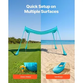 Vevor Strandzelt mit Sonnenschutz (UPF 50+) 3 x 3 x 2 m, Strandmuschel mit Sandsäcken & Stützstangen & Sandschaufeln, Tragbares Sonnensegel für Familienausflüge Camping Angeln Grün