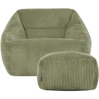 I.C.O.N. Icon Natalia Sitzsack Sessel mit Hocker für Erwachsene, Salbeigrün, Flauschiger Cord Stoff, Riesen Sitzsack Samt mit Füllung, Bean Bag Chair, Bequemer Sessel Wohnzimmer, Lounge, Schlafzimmer, Büro