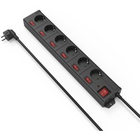 Hama Steckdosenleiste mit Schalter, 6-fach, Überspannungsschutz, einzeln schaltbar, Wandmontage, 1.4m, schwarz