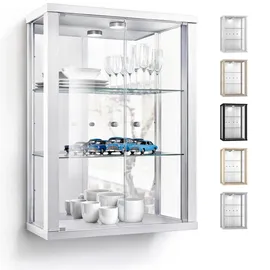 K-Möbel Hängevitrine Weiß, Glas 2 höhenverstellbaren Glasböden, Spiegel LED - Glasvitrine hängend - Wandvitrine - Regal ESG,