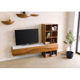 MASSIVMOEBEL24.DE Wohnwand Akazie 204x40x145 natur lackiert / Marmor weiß MONTREAL #143
