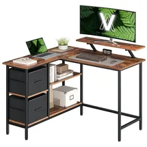 VASAGLE Schreibtisch LWD097B01, braun / schwarz, mit 2 Schubladen und 2 Regalfächer, L-Form, 135 x 76 x 105 cm