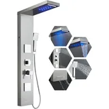 ROVOGO Duschpaneel mit Armatur und LED, 5-Funktion Duschsäule - LED Regen-/Wasserfall-Duschkopf, 2 Eckige Massagedüsen, Handbrause und Wasserfall Wanneneinlauf, Edelstahl Gebürstet, Wandmontage