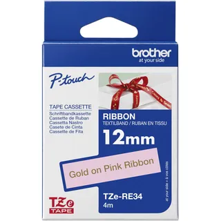 Brother TZe-RE34 P-touch textiles Schriftband gold auf rosa 12mm