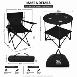BigDean Camping Set 4x Campingstühle + 1x Campingtisch Schwarz