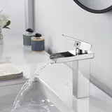Wasserfall-Badezimmer-Wasserhahn, verchromt, moderner Messing-Waschtischmischer, quadratischer Waschbecken-Wasserhahn, breiter Auslauf,