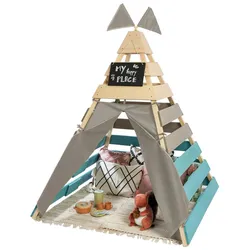 Spielhaus MUDDY BUDDY "Tipi-Zelt Dreamer", blau (natur, warmgrau, petrolblau), Spielhäuser, KinderB:135cm H:170cm T:135cm, Holz, Holzschutz vorbehandelt, BxTxH: 135x135x170 cm, B:135cm H:170cm T:135cm