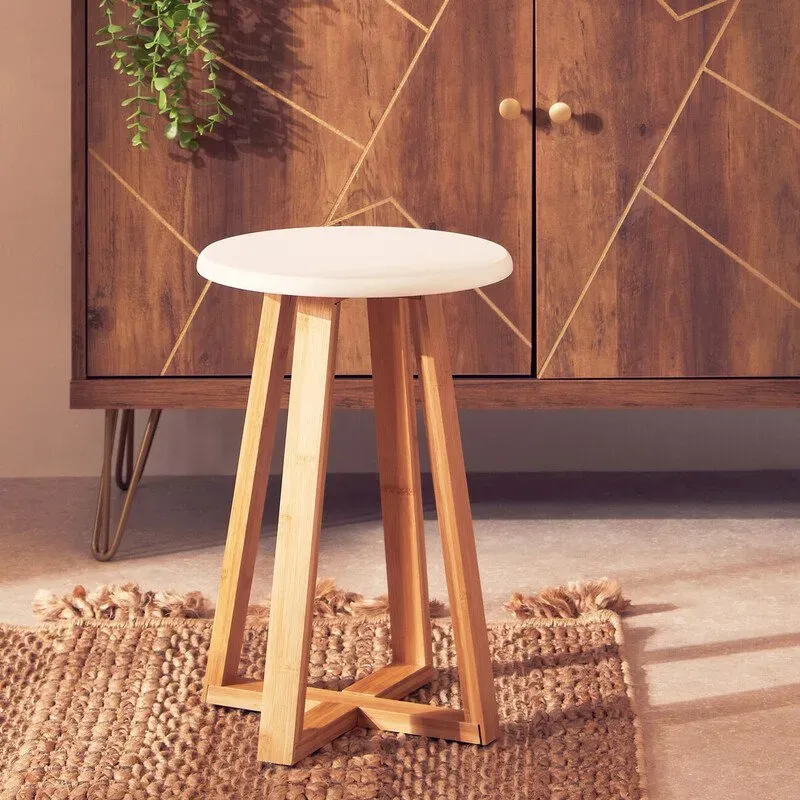 Premier Housewares Rundes Hocker aus weißer und natürlicher Bambus, moderner, robuster Hocker für die Küche, vielseitig