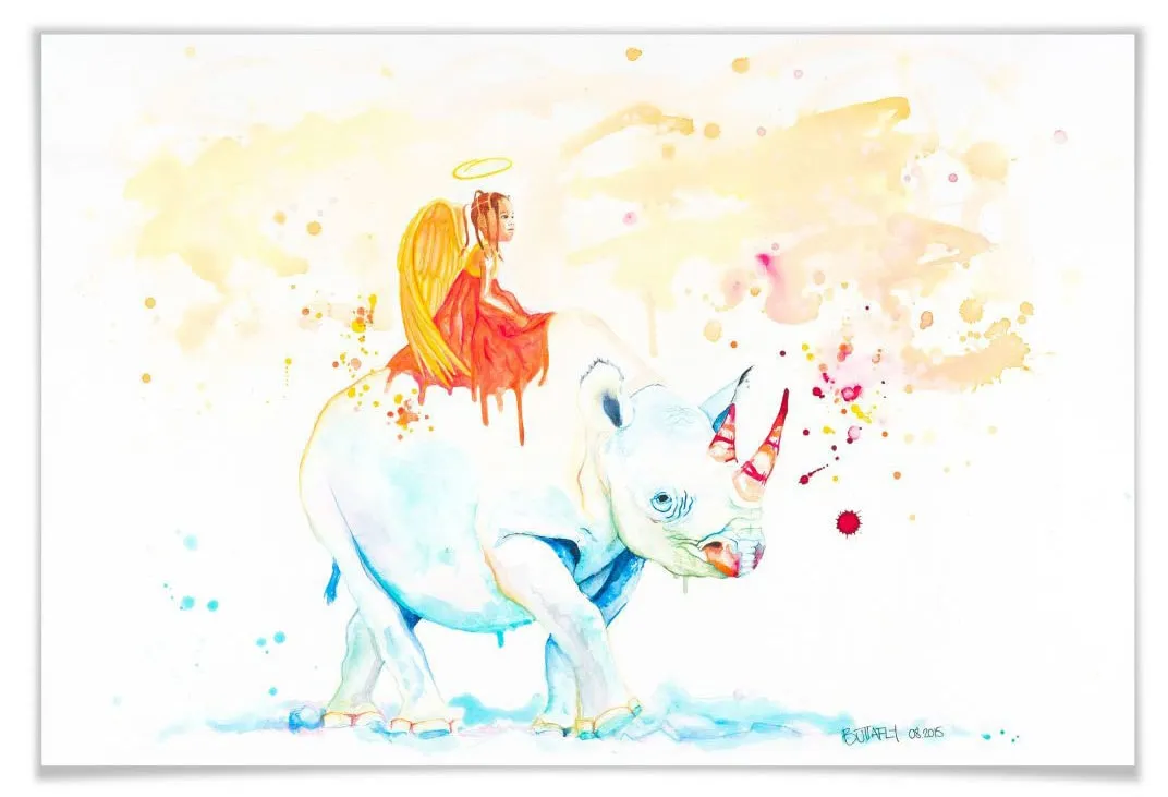 Wall-Art Poster »White Rhino Schutzengel«, Schriftzug, (1 St.), Poster ohne Bilderrahmen Wall-Art bunt