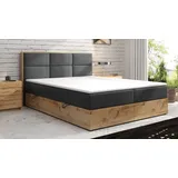 Möbel Punkt Boxspringbett LISSABON Eiche Holz mit Bettkasten 180 x 200 cm Webstoff Grau Anthrazit Bett Ehebett H