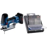 Bosch Professional 18V System Akku Stichsäge GST 18V-155 SC (2 Akkus, Schnellladegerät, 2 Stichsägeblätter) + 10x PRO Hardwood and Laminate Stichsägeblatt-Set (für Hartholz, Parkett, Länge 83 mm)