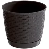 DIKEL Blumentopf ⌀14 cm | Übertopf aus Kunststoff in Rattan-Optik | Blumentöpfe mit Untertasse | Pflanzentopf für den Innen- und Außenbereich | Blumentopf witterungsbeständig | Braun