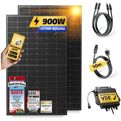 Balkonkraftwerk 900W/800W Solaranlage mit Speicher Steckerfertig WIFI Komplettset Photovoltaik Anlage 800W, Kabellänge: 10m