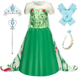 FStory&Winyee Mädchen Kostüm Eiskönigin Kinder Kleid ELSA Cosplay Prinzessin Kleid Grün Karneval Party Verkleidung Halloween Fest - 120