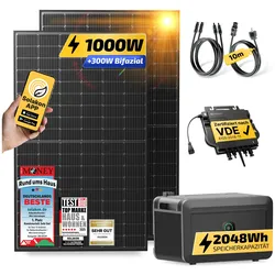 Balkonkraftwerk 1000W/800W Solaranlage mit Speicher Steckerfertig WIFI Komplettset Photovoltaik Anlage 800W, Kabellänge: 10m