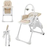 Kinderkraft TUMMIE Hochstuhl 2 in 1, Kinderhochstuhl, Babystuhl, Kombihochstuhl, ab den Ersten Lebensmonaten, Fußstütze, Halbliegende Position, Bezug aus PU, mit Spielzeugen, Beige