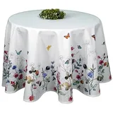 Tischdecke Mitteldecke Tafeltuch rund Frühling Sommer wollweiß Bunte Blumen geblümt Schmetterlinge Verschiedene Größen pflegeleicht (150 cm)