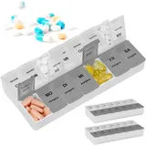 Relaxdays Tablettenbox 3er Set, 7 Tage, 2 Fächer, morgens & abends, wöchentliche Pillendose für unterwegs, weiß/schwarz