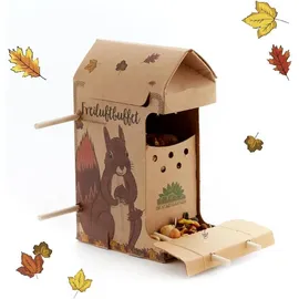 Die Stadtgärtner – Freiluftbuffet für Eichhörnchen I Futterstelle für Eichkater I Wetterfeste Futterstation aus Naturkarton mit Schnur & Holzstäben zur Befestigung sowie 200g Oachkatzl-Futter