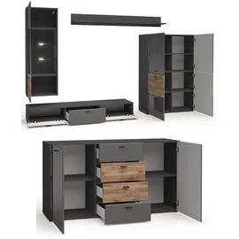 Feldmann-Wohnen Wohnwand, Grau, Braun, Holzwerkstoff, 13 Fächer, 5 Schubladen, Rechteckig, 450x144x60 cm, Wohnzimmer, Wohnwände, Anbauwände