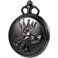 TREEWETO Retro Schwarz Taschenuhr Herren mit Kette analog Handaufzug Rentier Skelett Römische Taschenuhren mit Kette für Herren