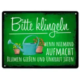 speecheese Bitte klingeln wenn niemand aufmacht Blumen gießen Unkraut jäten Metallschild XL in 21x28 cm lustiges Blechschild für die Tür wenn niemand aufmacht wegen Gartenarbeit bitte Blumen