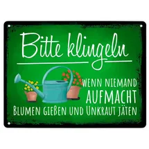 speecheese Bitte klingeln wenn niemand aufmacht Blumen gießen Unkraut jäten Metallschild XL in 21x28 cm lustiges Blechschild für die Tür wenn niemand aufmacht wegen Gartenarbeit bitte Blumen