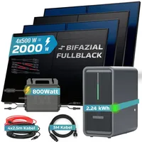 sunniva Balkonkraftwerk Full Black Bifazial 2000 W inkl. 2,24 kWh Speicher + 4 x 500 W N-Typ Glas-Glas Bifacial Module