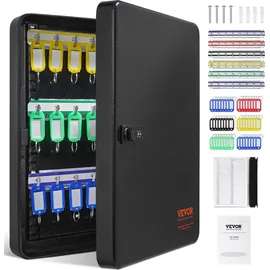 Vevor Schlüsselschrank Schlüsselkasten 48 Schlüssel, Schwarz Schlüsselbox Schlüsseltresor Einstellbar, Abschließbarer Schlüsselschrank mit 6...