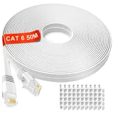 LAN Kabel 50 meter weiß, Flach Netzwerkkabel 50m, Hochgeschwindigkeits Ethernet Kabel 50 Meter, Cat6 extra lang Weiss RJ45 Internet Patchkabel für Router, Switch, Modem, schneller als cat5e