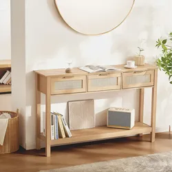 VEVOR Rattan-Konsolentisch Flurtisch Dekotisch 3 Schubladen Schiebetürn Natur