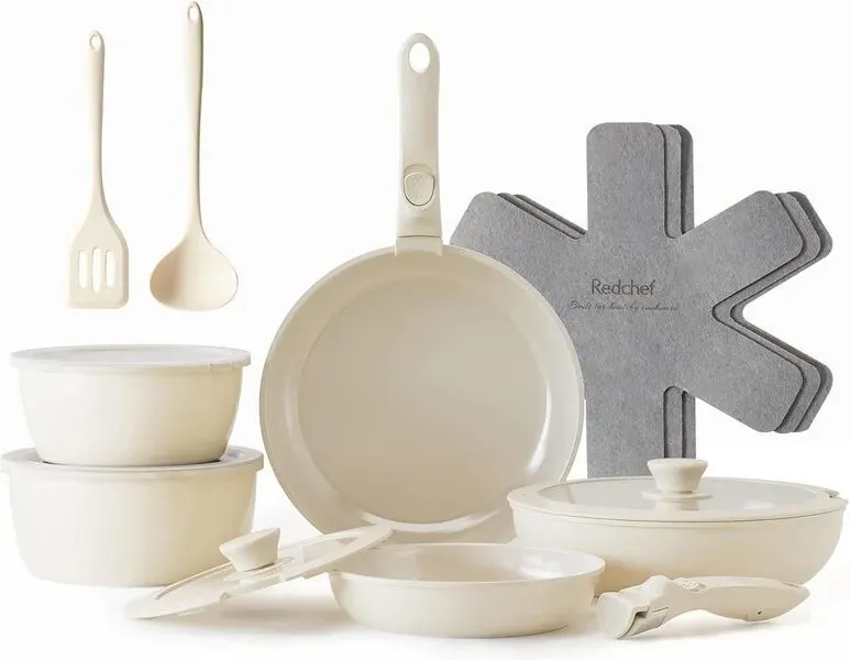 【super deal】Redchef 16-teiliges Keramik-Kochgeschirr-Set, abnehmbarer Griff, außen weiß, innen braun, inkl. 18 cm/20 cm Stielkasserollen, 20 cm/26 cm Töpfe, Kochunterlage, PTFE/PFAS/PFOA-frei, spülmaschinengeeignet