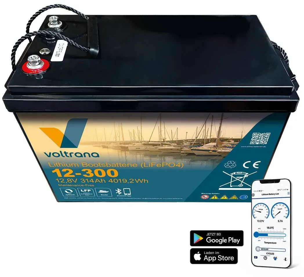 Lithium Bootsbatterie 12,8V 314Ah 4019Wh M8 mit Bluetooth & Heizung – Voltrana L...