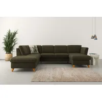 Wohnlandschaft HOME AFFAIRE "Trelleborg U-Form" Sofas Gr. B/H/T: 307cm x 86cm x 213cm, Struktur, Ottomane links, ohne Bettfunktion-ohne Stauraum, grün (olive) Federkern-Polsterung, wahlweise mit Bettfunktion und Stauraum