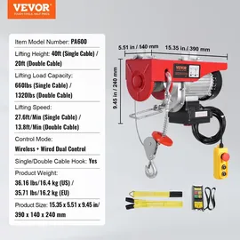 Vevor Seilwinde Metall 600 kg rot