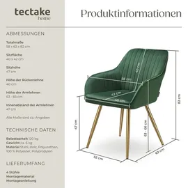 Tectake Esszimmerstuhl Dunkelgrün Samtoptik Gold