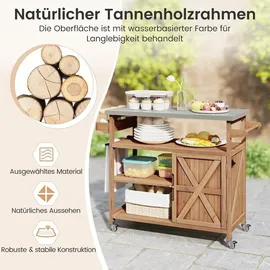 Costway Grillwagen Outdoor, Servierwagen auf Rollen, mit Edelstahl-Arbeitsplatte, Ablagen, Gewürzregal, Schrank&Handtuchhalter, (1 Tür-118x47x92 cm) - Naturbelassen
