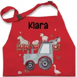 Kinderschürze Schürze Kinder Jungen Mädchen - Bauernhof Traktor Tiere mit Namen Landwirtschaftlicher Tiermotiv Bauernhoftieren - 7-14 Jahre - Rot - kochschürze trecker kuh und bulldog - 7-13 Jahre