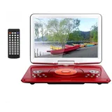 YOOHOO 16.9" tragbarer DVD Player für Auto und Kinder mit Bildschirm 14.1" HD Bildschirm,mit akku,unterstützt alle Regionen, mehrere Regionen, Auto DVD Player für Kinder, Kopfhörer/SD/USB, rot