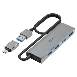 Hama USB-Hub 4 Ports USB 3.2 Gen1, inkl. USB-C-Adapter und Netzteil
