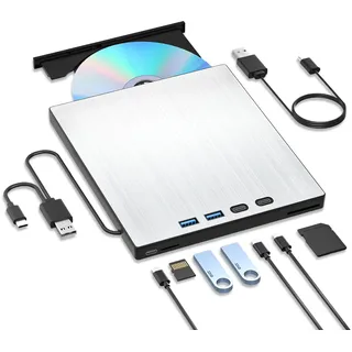 Externes CD DVD Laufwerk USB 3.0 Typ-C, CD Laufwerk Extern USB mit SD/TF-Kartenleser, Externes CD Laufwerk für Laptop,Portable Externer DVD Brenner für Laptop MacBook Windows XP/7/8/10/11 MacOS Linux
