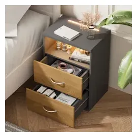 CASARIA Casaria® Nachttisch 2er Set mit Schubladen & Beleuchtung Holz Grau