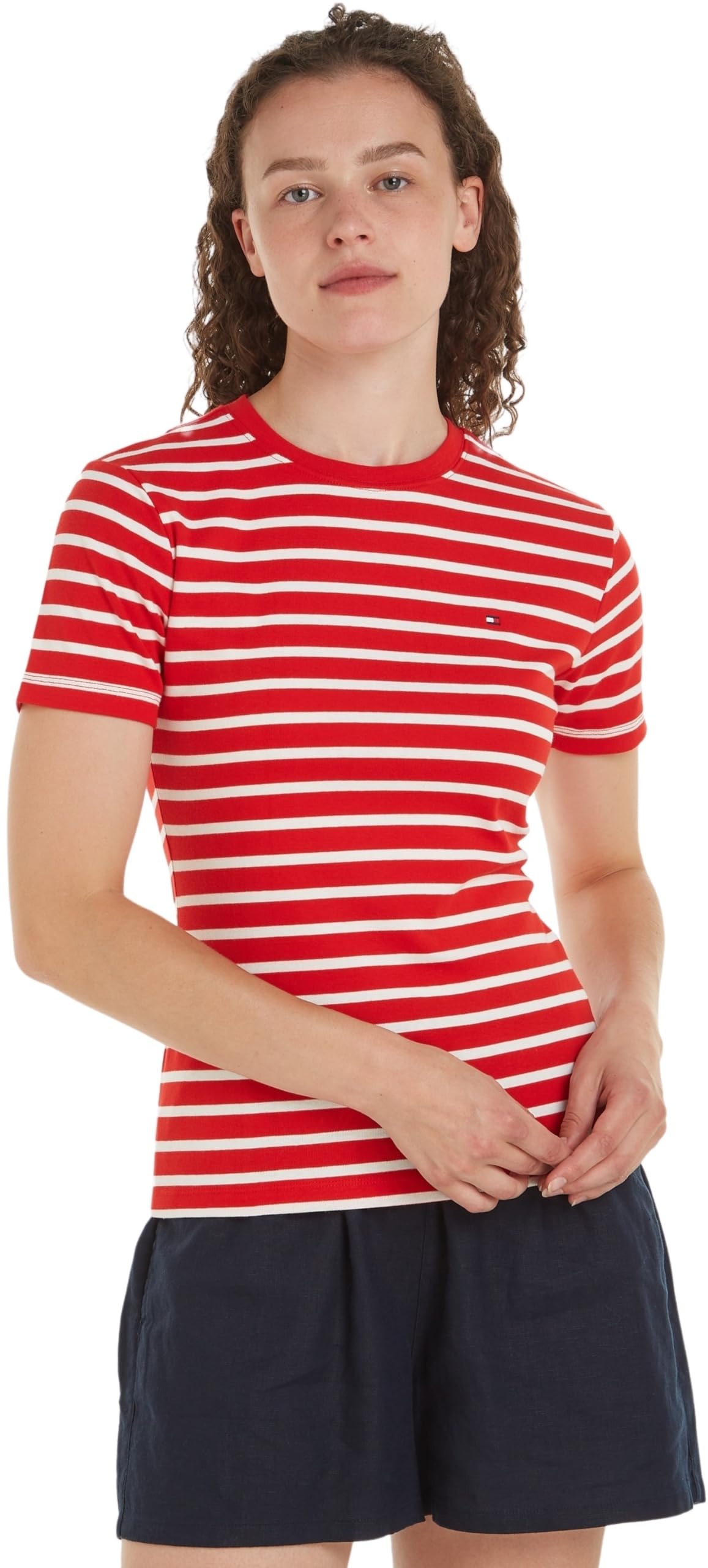 Tommy Hilfiger Damen T-Shirt Kurzarm New Slim Cody Rundhalsausschnitt, Mehrfarbig (Breton Fierce Red/Ecru), XL