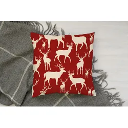 Dekokissen QUEENCE "Anthony", rot (rot, bedruckt), B:40cm L:40cm, Polyester, Dekokissen_Sitzkissen_Kissenhüllen, Kissenhülle,Hirsche,Elche,Rot,Weihnachten,Winterlich,Weihnachtsmotiv