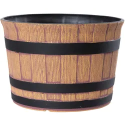 H&D Manufaktur Jinfa Blumenkübel aus Kunststoff im Eichenfass-Design | hellbraune Holzoptik Stil 2 | Ø 36cm x 25cm