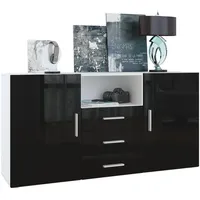 Vladon Sideboard, Schwarz Hochglanz, 138.5x71.5x35 cm, Wohnzimmer, Kommoden &