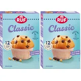 RUF Classic Muffins Backmischung, helle American Style Muffins mit Schoko-Chunks, einfache Zubereitung, 12 Muffin-Förmchen inklusive (Packung mit 2)