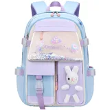 WANWEN Rucksack Kinder Mädchen, Rucksack Vorschule Mädchen, Hasen-Rucksack für Mädchen, Wasserdichter Schulranzen mit Großem Fassungsvermögen, Geeignet für die Klassen 1–6 (Blue,Large)