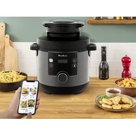 Moulinex Turbo Cuisine & Fry CE7788-2 in 1: Elektrischer Schnellkochtopf und Luftfritteuse 1450 W Leistung, antihaftbeschichtet, 15 automatische Programme, Timer, Zubehör, schwarz