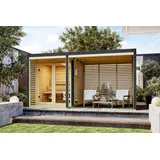 Saunahaus Gartensauna ARES 1 mit Anbaudach 454x276 Metall/Holz Hybrid Saunahaus